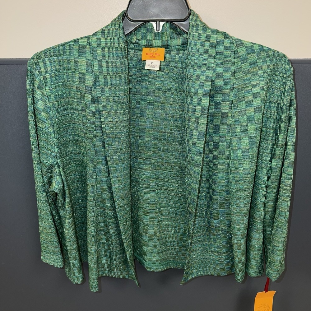 Ruby‎ Rd Petite Cardigan Size PL  Green Checked Metallic Cardigan Short Women's